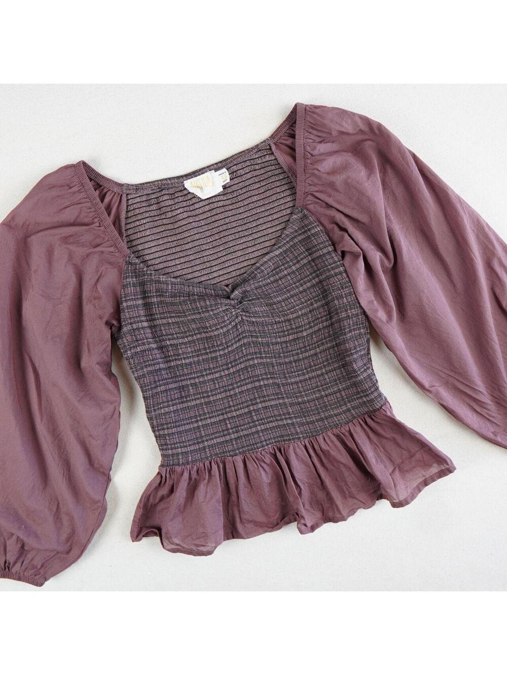 Nation LTD Elastic Smocked Balloon Puff Sleeve Peplum Top Pima Cotton